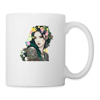 floral wreath,anime, green eyes, woman, mystical - Mug - white - Right