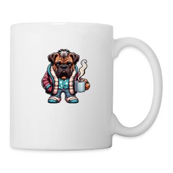 Bulldogge in Pyjama und Schal mit Kaffeetasse - Tasse - Weiß - Rechts