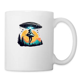 Fearful woman is abducted by UFO in the woods - Mug - white - Right
