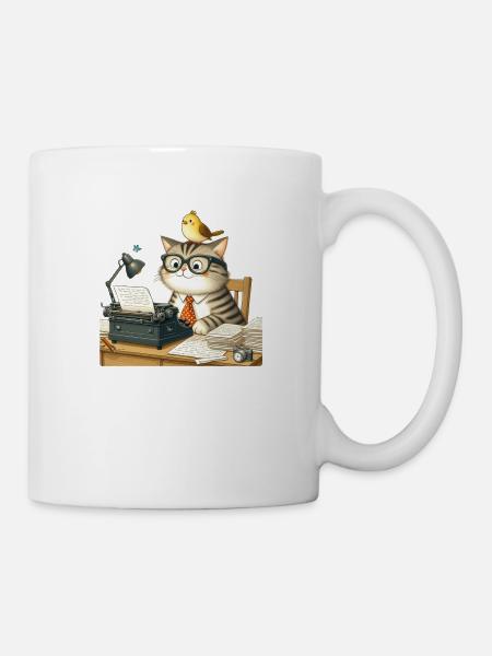 Katze, Vogel, Schreibmaschine - Tasse - Weiß