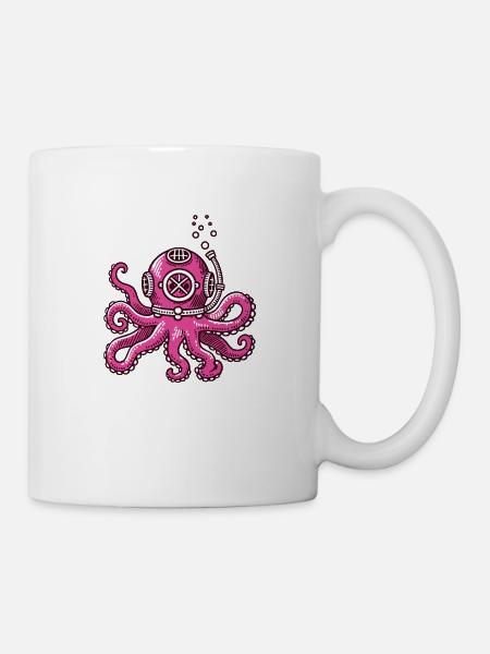 Pinker Tintenfisch mit Taucherhelm - Tasse - Weiß