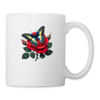 Schwalbenschwanz auf roter Rose - Tasse - Weiß - Rechts