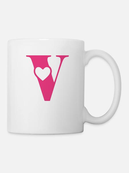 Buchstabe v Anfangsbuchstabe mit Herz - Tasse - Weiß