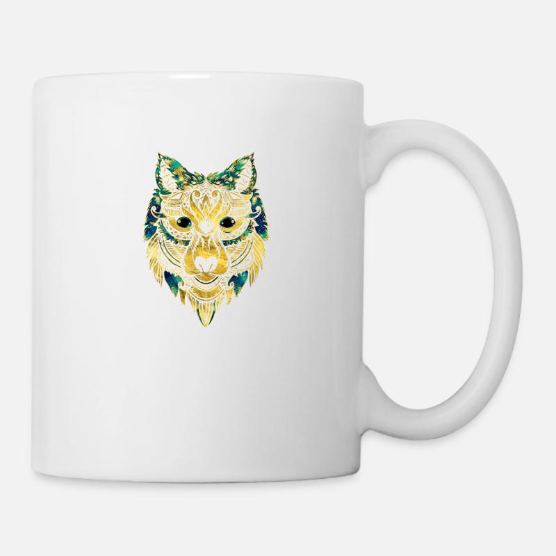 Tribal Wolf - Gold and Marble Decorated - Mug - white