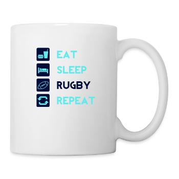 Essen, Schlafen, Rugby, Repeat! Männer Frauen Idee - Tasse - Weiß - Rechts