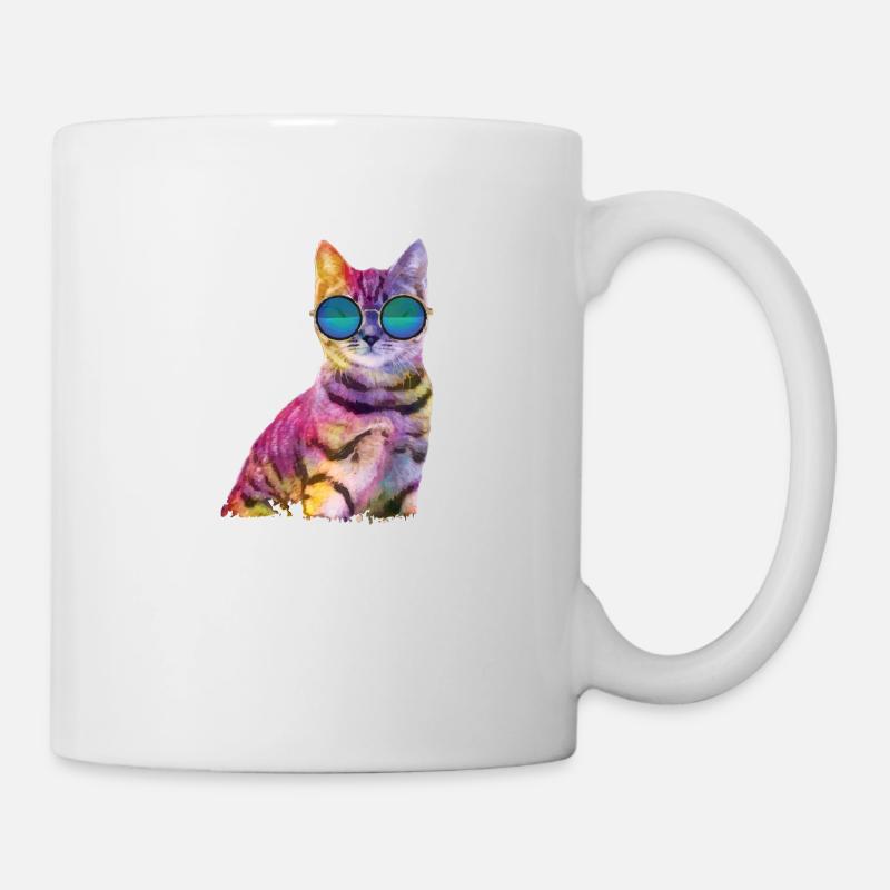 Rave Cat colorful cat with glasses - Mug - white