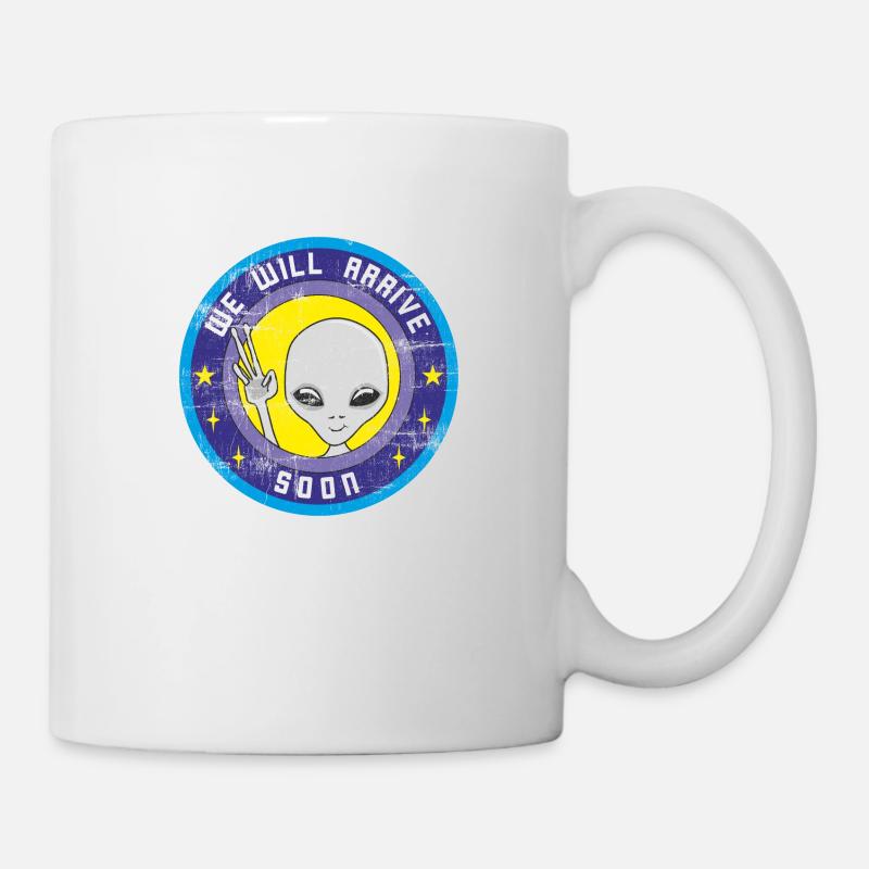 Alien will soon come out of space with UFO. - Mug - white