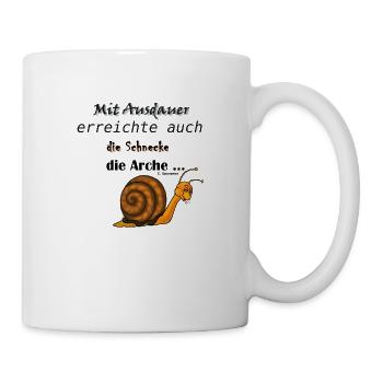 Mit Ausdauer erreichte die Schnecke die Arche - Tasse - Weiß - Rechts