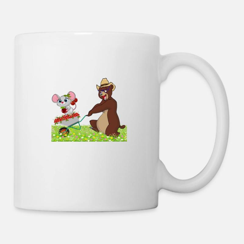 Funny bear with mouse on a wheelbarrow - Mug - white