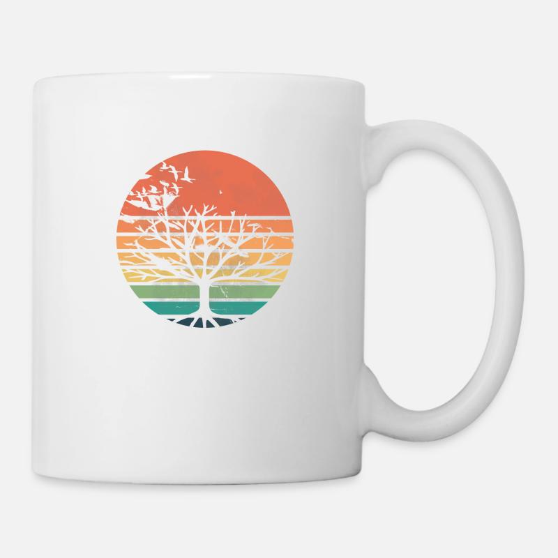 Retro sunset with tree and migratory birds - Mug - white