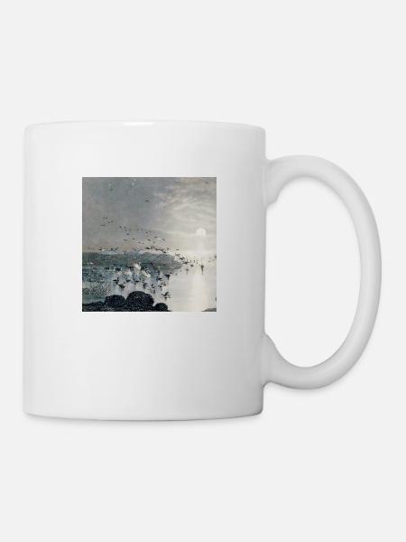 Canards, canards colverts et cygnes sur le lac au coucher du soleil - Mug blanc - blanc