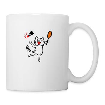 An excited cat plays badminton - Mug - white - Right