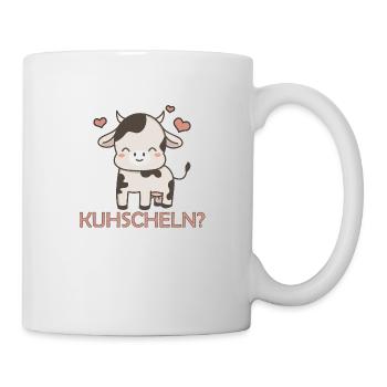 Kuscheln und Kuh, gleich Kuhscheln. Lustige Kuh - Tasse - Weiß - Rechts