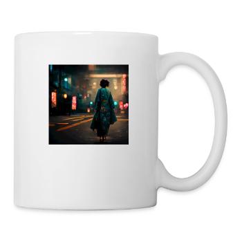 Woman Walking Down Tokyo Street at Night - Mug - white - Right