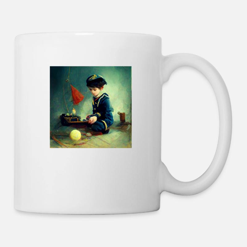 A boy in a sailors uniform playing with his toy - Tasse - Weiß