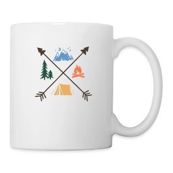 Glücklicher Camper,, Feuer, Wald, Berg und Zelt desi - Tasse - Weiß - Rechts
