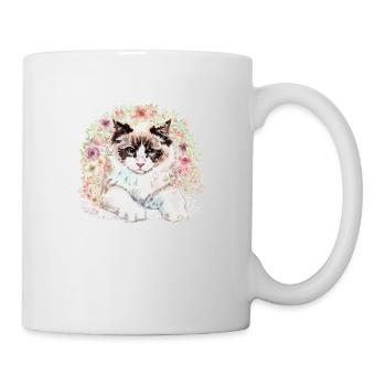 Ragdoll Katze mit Blumen - Aquarell - Tasse - Weiß - Rechts