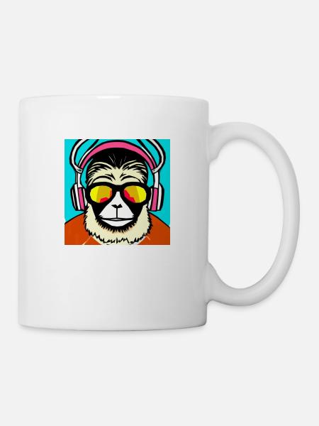Monkey listening to music with headphones - Mug - white