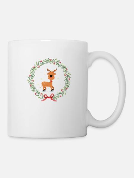 Lustiges Rentier im Weihnachtskranz - Tasse - Weiß