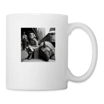 Kind sitzt neben Dino - Tasse - Weiß - Rechts
