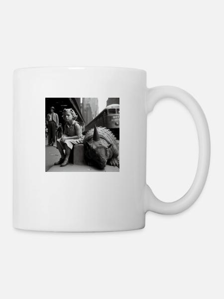 Child sits next to Dino - Mug - white