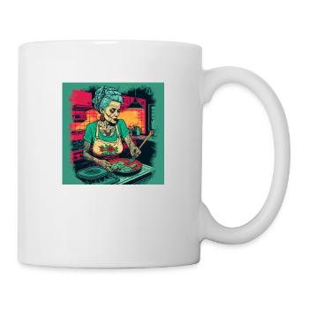 Old tattoed woman cooking - Mug - white - Right