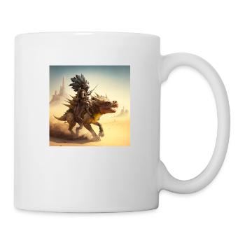 Caveman riding stegosaurus in the desert - Mug - white - Right