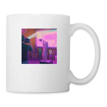 Man with a tv camera films a humanoid cat dancing - Mug - white - Right