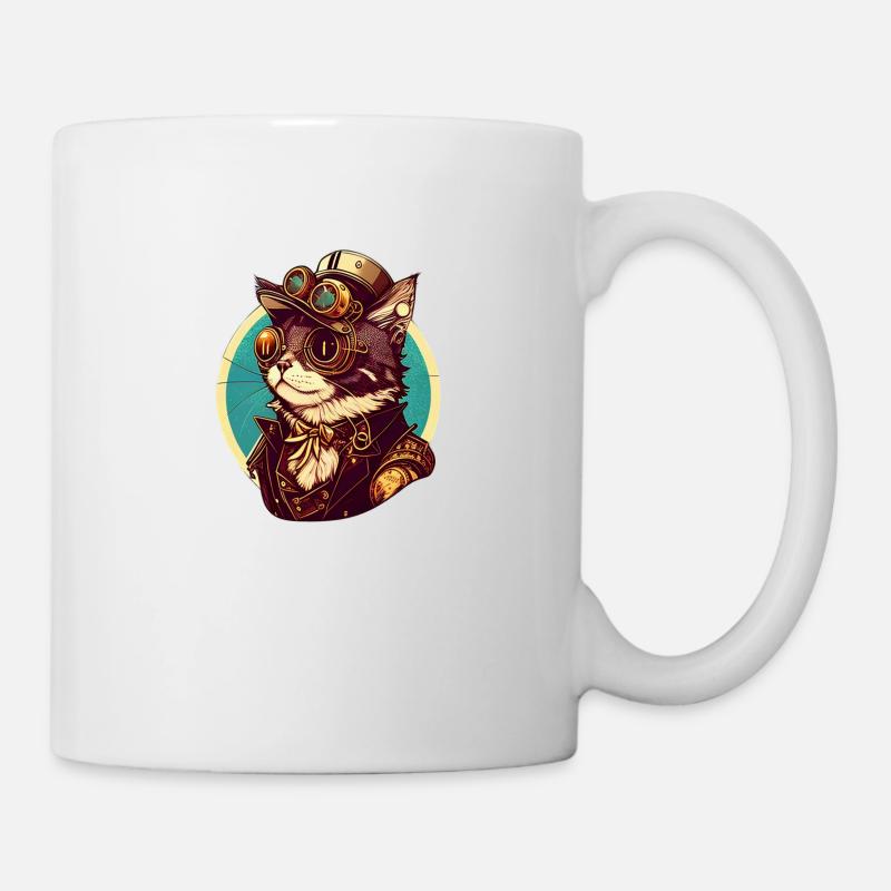 Steampunk Katze mit Hut und Brille - Tasse - Weiß