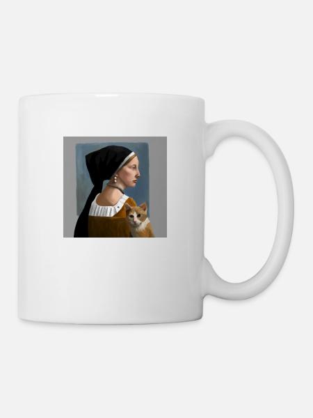 Cat with lady in paintings in Johannes Vermeer style - Mug - white