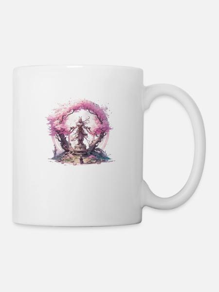 Statue unter einem Kirschblütenbaum - Tasse - Weiß