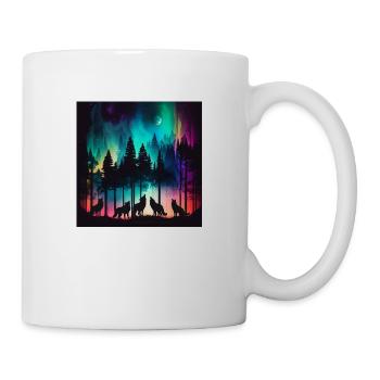 A pack of wolves, howling at the moon, aurora, forest - Mug - white - Right