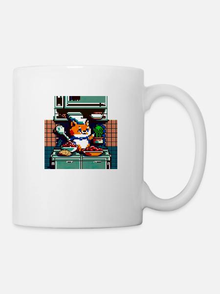 8 Bit kochende Hauskatze mit Kochlöffel in Küche - Tasse - Weiß
