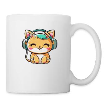 Kawaii Cute Happy Colorful Cat with Headphones - Mug - white - Right