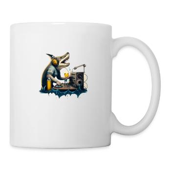 Predator DJ, shark behind the turntables with beer - Mug - white - Right