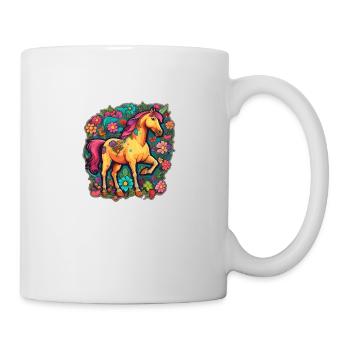 Niedliches Pferd in buntem Cartoon-Blumenmeer - Tasse - Weiß - Rechts