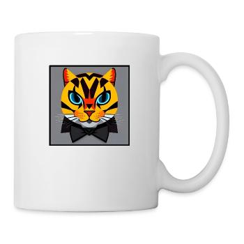 Cartoon - Ocelot mit Fliege auf grauem Grund - Tasse - Weiß - Rechts