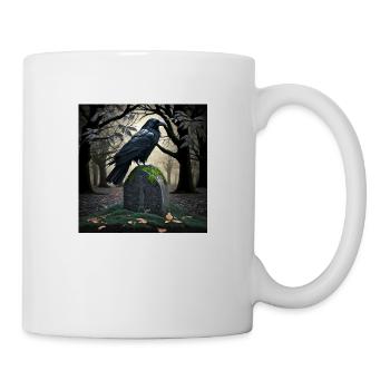 Schwarzer Rabe auf Grabstein, Illustration - Tasse - Weiß - Rechts