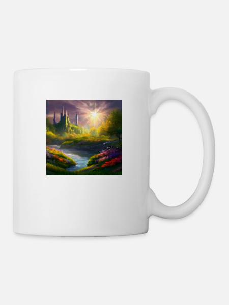 Painting of a fantasy landscape at sunrise - Mug - white