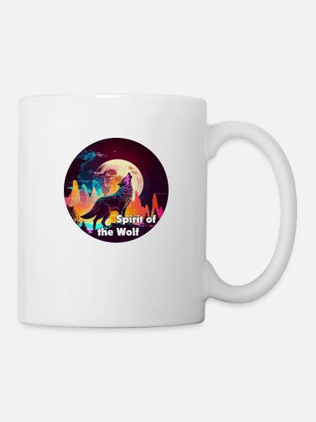 Loup hurlant à la lune en synthéondes coloriant - Mug blanc - blanc