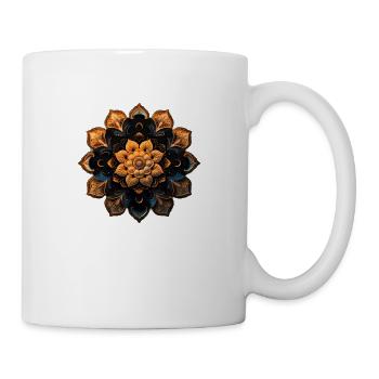 Goldenes und türkisfarbenes Blumenmandala auf schwarzem Hintergrund - Tasse - Weiß - Rechts