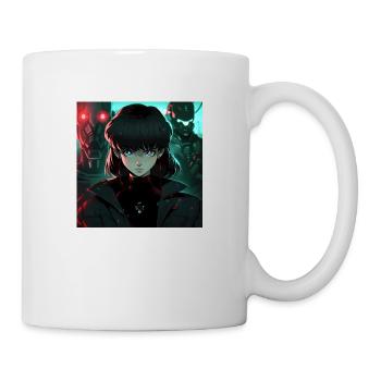 Dystopian Damsel: Anime-Style Woman in Black - Mug - white - Right