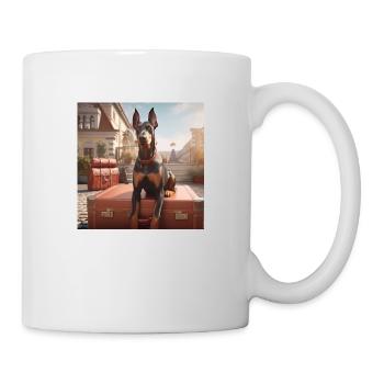 Dobermann im Urlaub auf einem Koffer - Tasse - Weiß - Rechts
