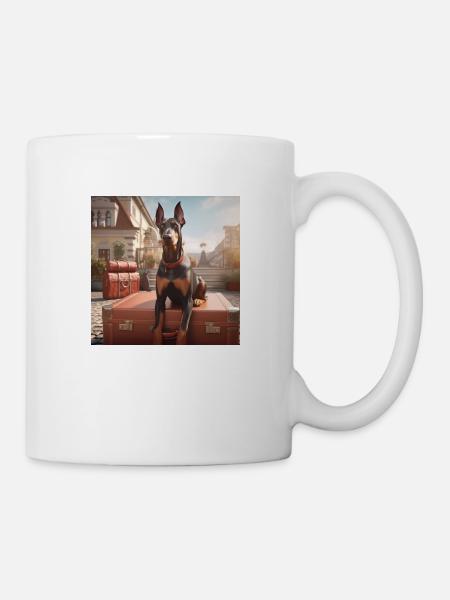 Doberman on vacation on a suitcase - Mug - white