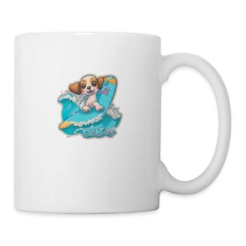 Puppy riding a surfboard with waves, "Surf pup" - Mug - white - Right