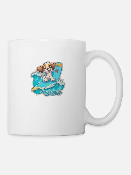 Puppy riding a surfboard with waves, "Surf pup" - Mug - white