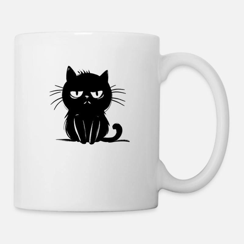 genervte Schwarze Katze - süße Zeichnung - Tasse - Weiß