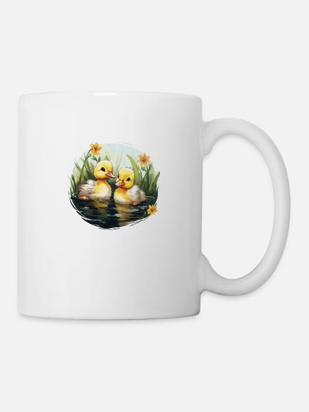 Two cute baby ducks in the pond - Mug - white