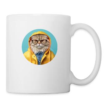 Strict cat with glasses in rain jacket - Mug - white - Right
