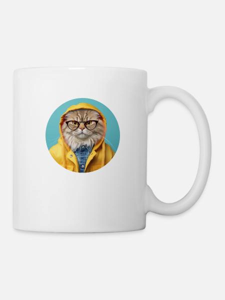 Strenge Katze mit Brille in Regenjacke - Tasse - Weiß